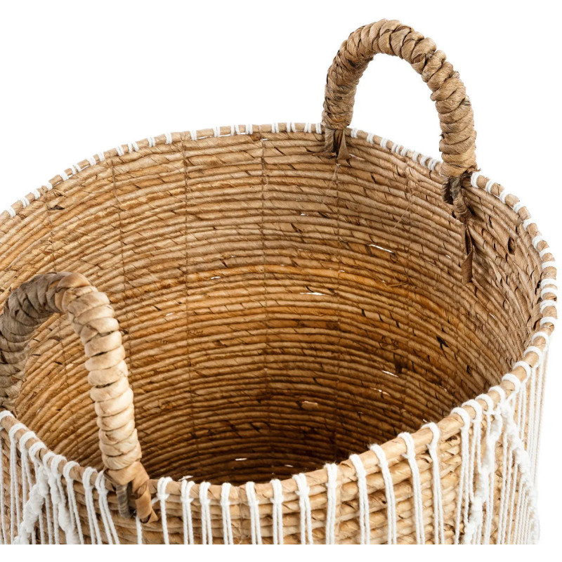 Panier de rangement bohème 2 poignées Rond 35 cm Feuille de bananier Naturel Tressé Coton Blanc The Straight Stitched Macrame 