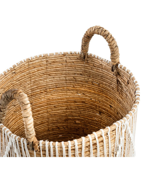 Panier de rangement bohème 2 poignées Rond 35 cm Feuille de bananier Naturel Tressé Coton Blanc The Straight Stitched Macrame 