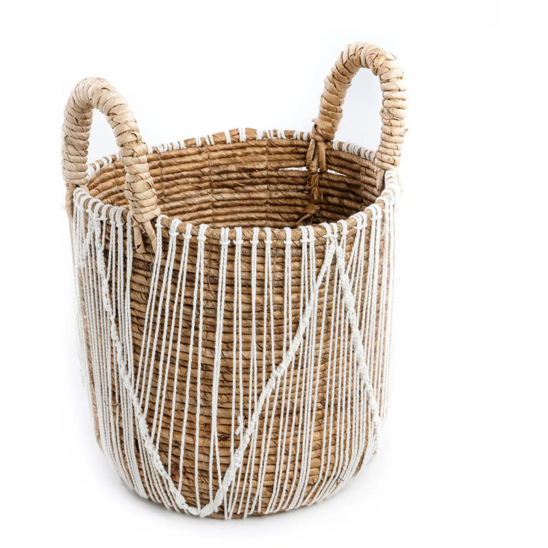 Panier de rangement bohème 2 poignées Rond 35 cm Feuille de bananier Naturel Tressé Coton Blanc The Straight Stitched Macrame 