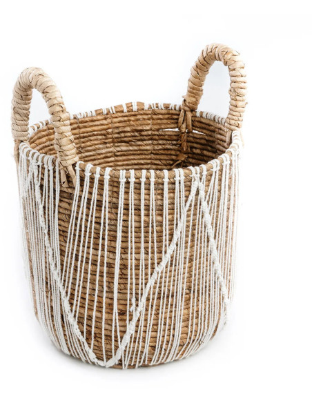Panier de rangement bohème 2 poignées Rond 35 cm Feuille de bananier Naturel Tressé Coton Blanc The Straight Stitched Macrame 