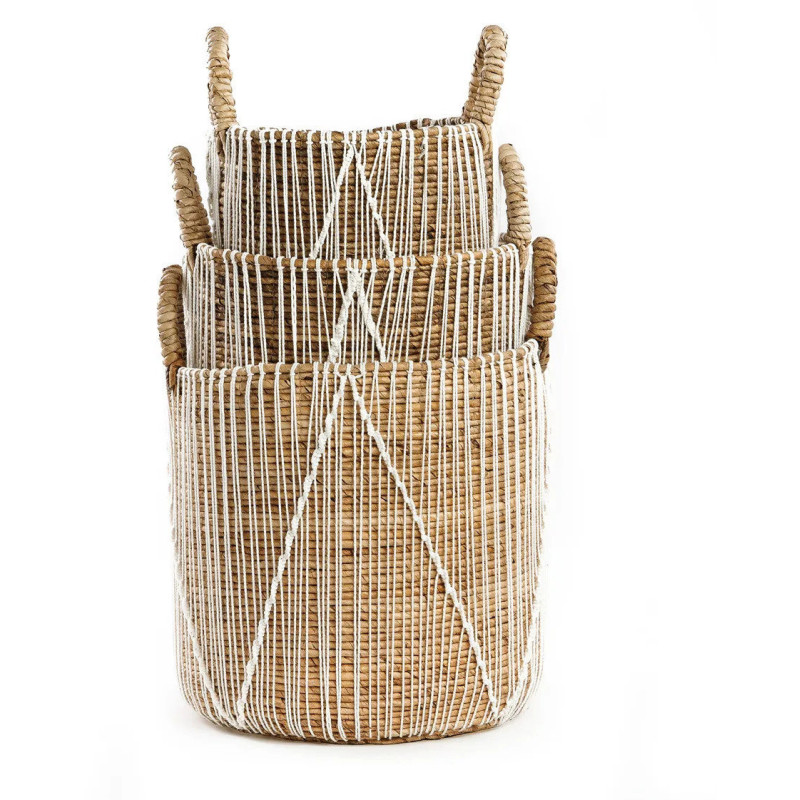 Panier de rangement bohème 2 poignées Rond 35 cm Feuille de bananier Naturel Tressé Coton Blanc The Straight Stitched Macrame 
