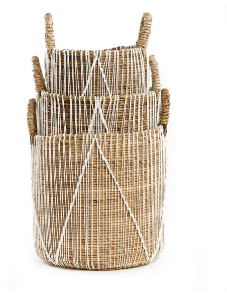 Panier de rangement bohème 2 poignées Rond 35 cm Feuille de bananier Naturel Tressé Coton Blanc The Straight Stitched Macrame 