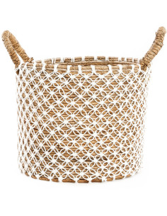 Panier de rangement bohème 2 poignées Rond 35 cm Feuille de bananier Naturel Tressé Coton Blanc The Crossed Stitched Macram 