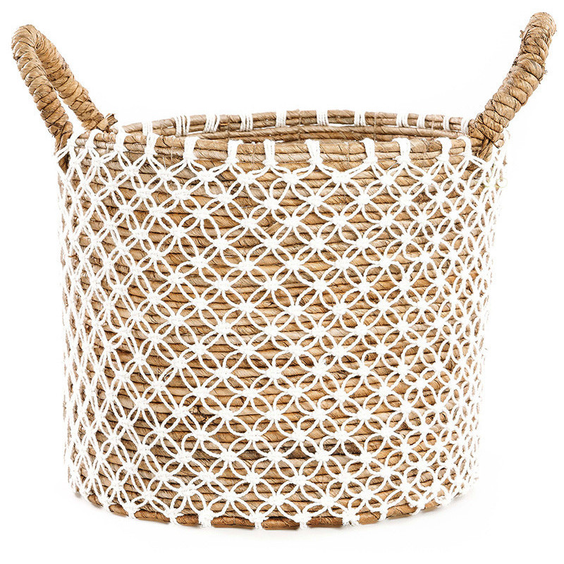 Panier de rangement bohème 2 poignées Rond 35 cm Feuille de bananier Naturel Tressé Coton Blanc The Crossed Stitched Macram 