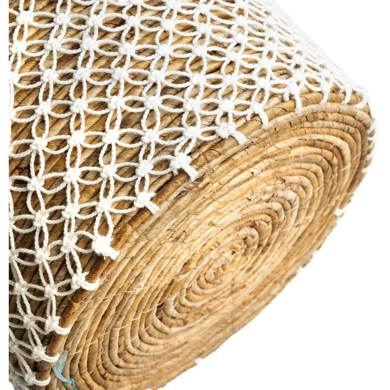 Panier de rangement bohème 2 poignées Rond 35 cm Feuille de bananier Naturel Tressé Coton Blanc The Crossed Stitched Macram 