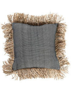 Housse de coussin Carrée 40x40 en Coton Noir Raphia Naturel avec franges The Cotton Bonita 