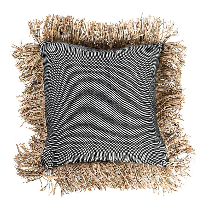 Housse de coussin Carrée 40x40 en Coton Noir Raphia Naturel avec franges The Cotton Bonita 