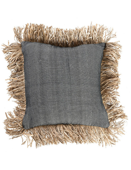 Housse de coussin Carrée 40x40 en Coton Noir Raphia Naturel avec franges The Cotton Bonita 