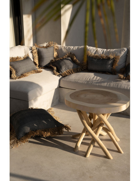 Housse de coussin Carrée 40x40 en Coton Noir Raphia Naturel avec franges The Cotton Bonita 