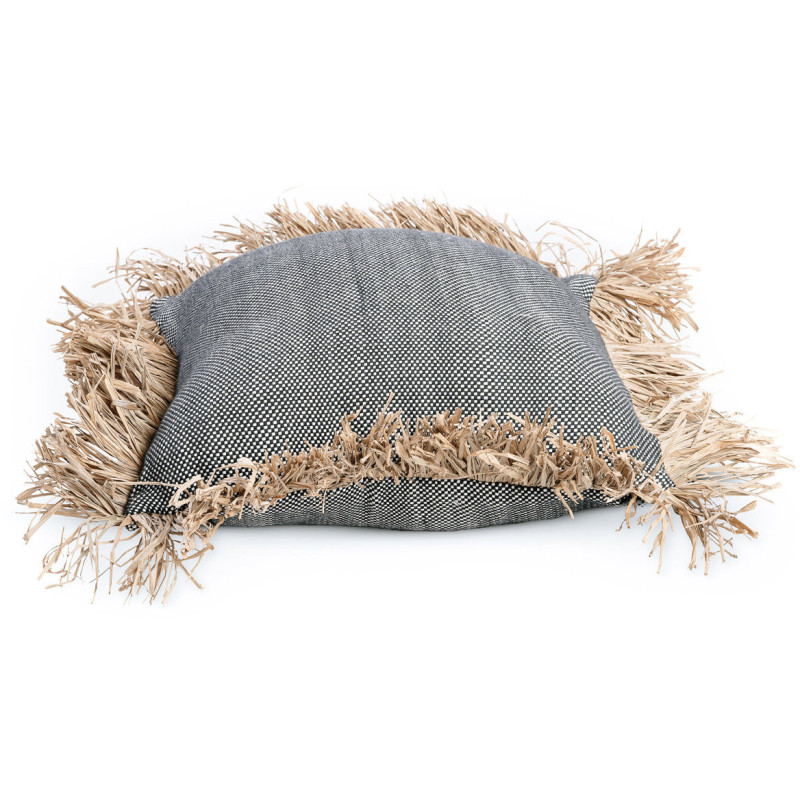 Housse de coussin Carrée 40x40 en Coton Noir Raphia Naturel avec franges The Cotton Bonita 
