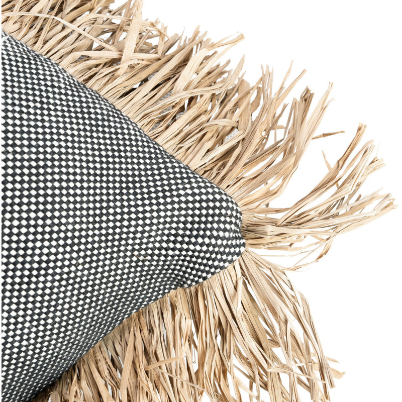 Housse de coussin Carrée 40x40 en Coton Noir Raphia Naturel avec franges The Cotton Bonita 