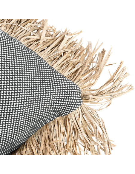 Housse de coussin Carrée 40x40 en Coton Noir Raphia Naturel avec franges The Cotton Bonita 