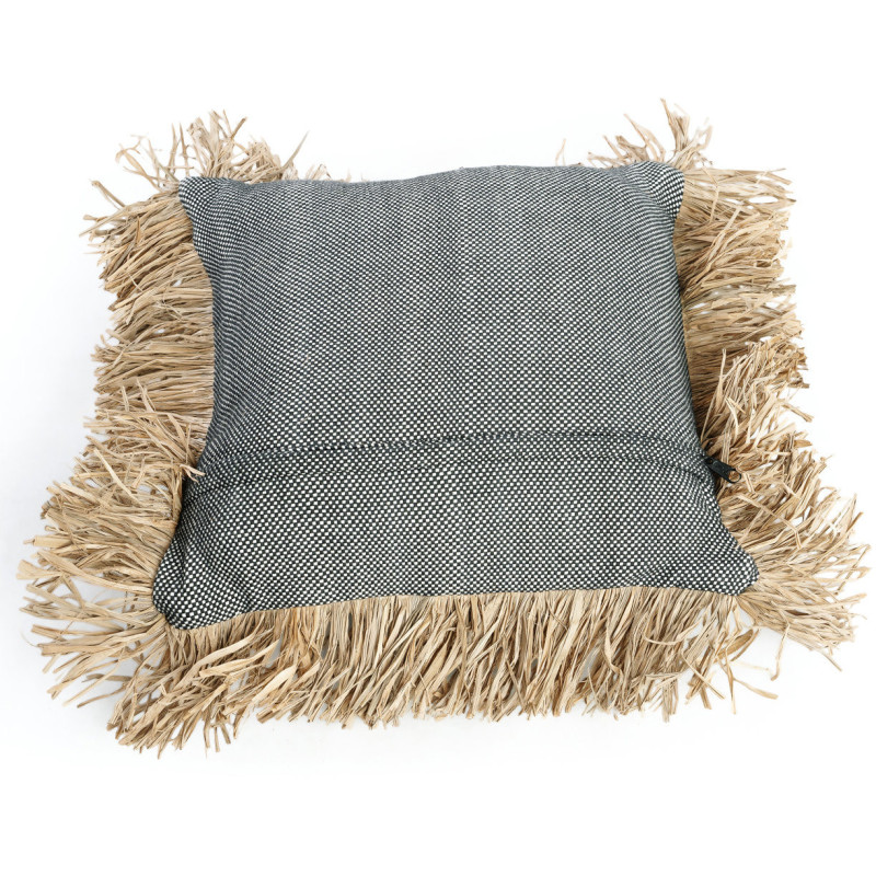 Housse de coussin Carrée 40x40 en Coton Noir Raphia Naturel avec franges The Cotton Bonita 