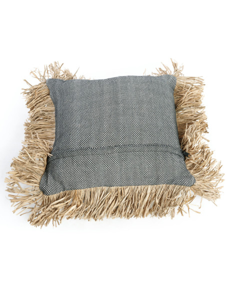 Housse de coussin Carrée 40x40 en Coton Noir Raphia Naturel avec franges The Cotton Bonita 