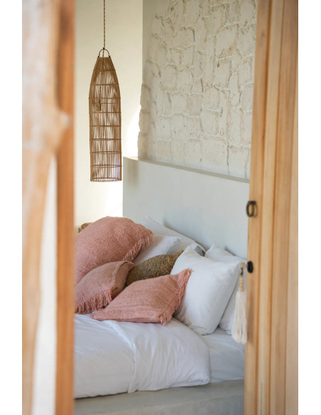 Housse de coussin Carrée 40x40 en Velours Rose saumon avec franges The Oh My Gee 