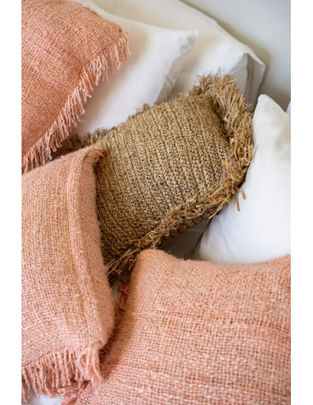 Housse de coussin Carrée 40x40 en Velours Rose saumon avec franges The Oh My Gee 