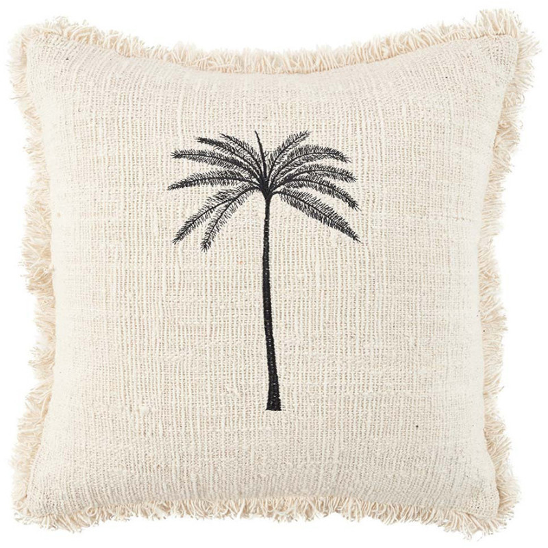 House de coussin originale Palmier Carrée 50x50 en Coton Naturel Noir Avec franges The Gili Palm 
