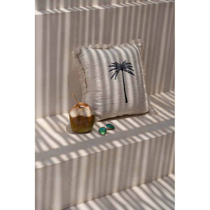 House de coussin originale Palmier Carrée 50x50 en Coton Naturel Noir Avec franges The Gili Palm 