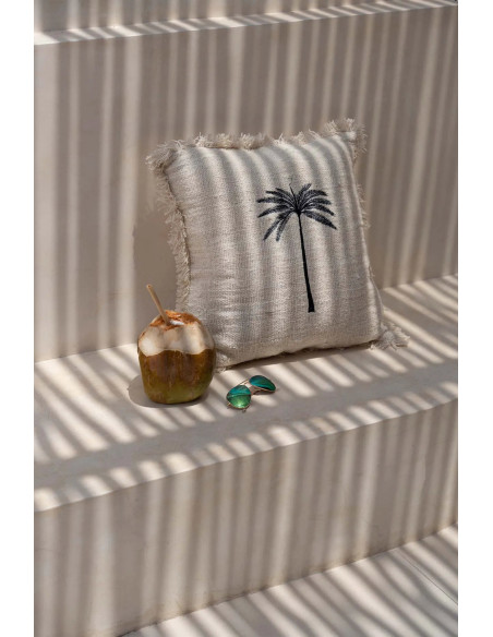 House de coussin originale Palmier Carrée 50x50 en Coton Naturel Noir Avec franges The Gili Palm 