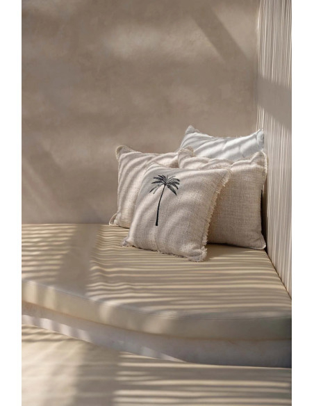 House de coussin originale Palmier Carrée 50x50 en Coton Naturel Noir Avec franges The Gili Palm 