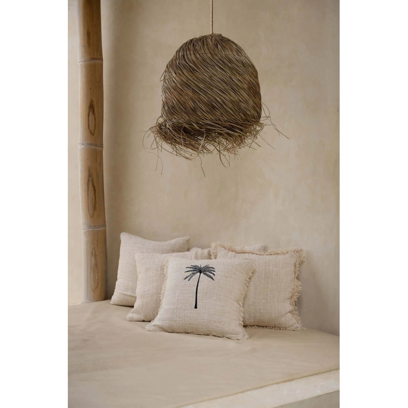 House de coussin originale Palmier Carrée 50x50 en Coton Naturel Noir Avec franges The Gili Palm 