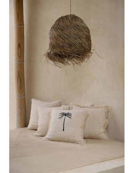 House de coussin originale Palmier Carrée 50x50 en Coton Naturel Noir Avec franges The Gili Palm 
