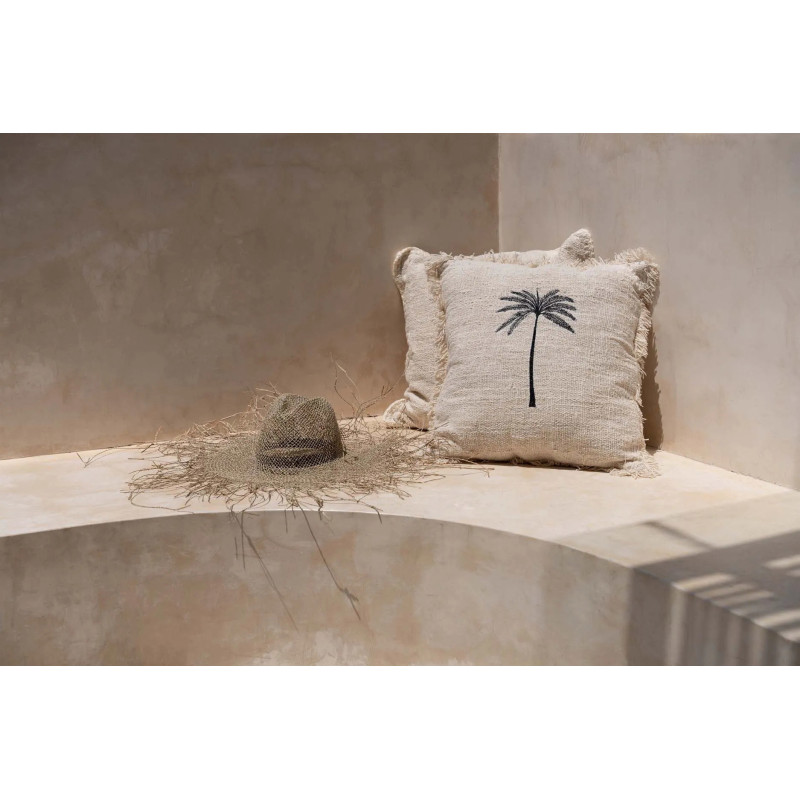 House de coussin originale Palmier Carrée 50x50 en Coton Naturel Noir Avec franges The Gili Palm 