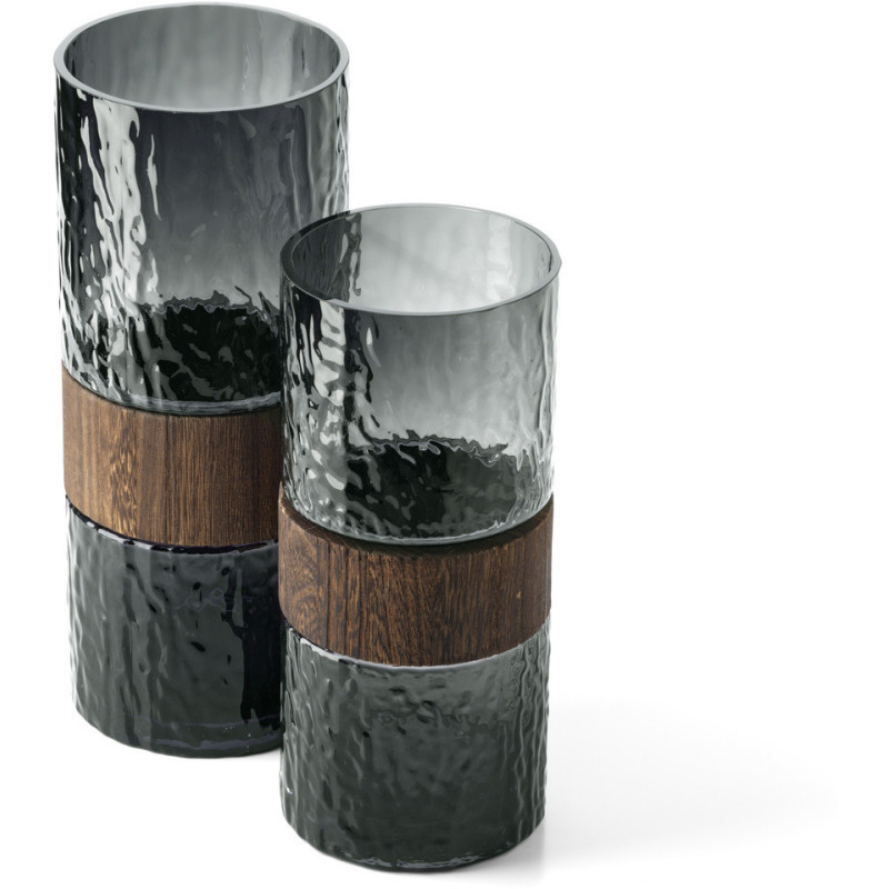 Vase design moderne Cylindrique H 29 cm Verre Gris foncé Bois Marron The Wood You Be Mine 