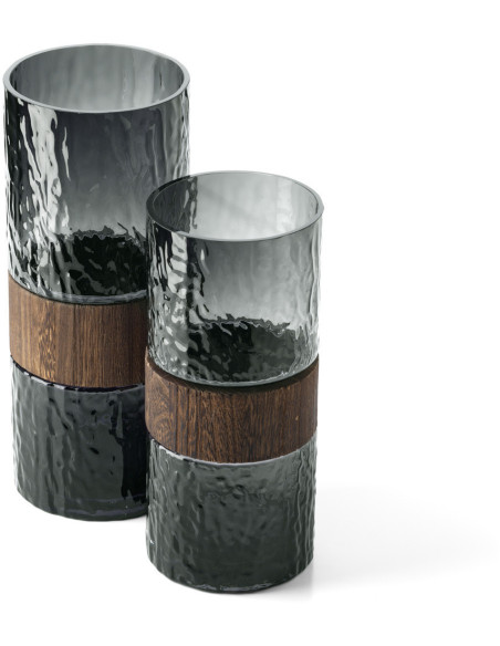 Vase design moderne Cylindrique H 29 cm Verre Gris foncé Bois Marron The Wood You Be Mine 