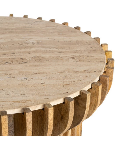 Table basse design Ronde 78 cm Marbre Beige Bois de manguier Naturel Stréo