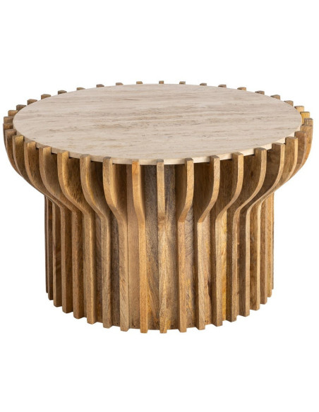 Table basse design Ronde 78 cm Marbre Beige Bois de manguier Naturel Stréo