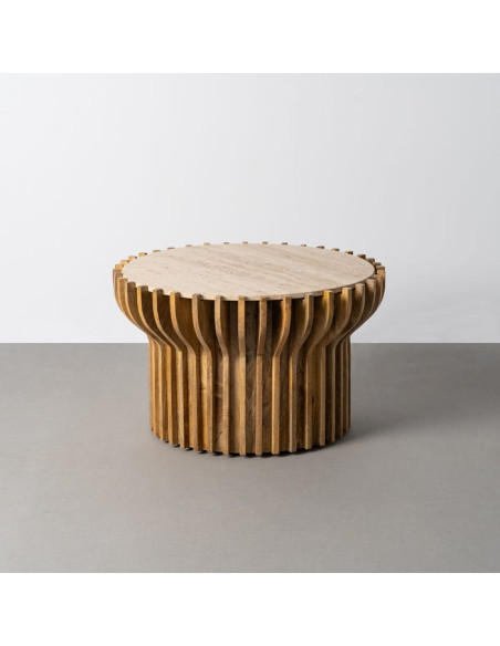 Table basse design Ronde 78 cm Marbre Beige Bois de manguier Naturel Stréo