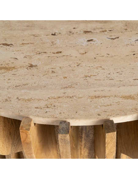 Table basse design Ronde 78 cm Marbre Beige Bois de manguier Naturel Stréo
