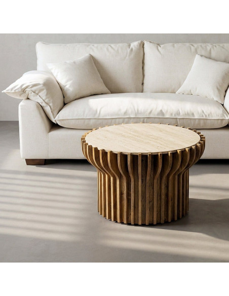 Table basse design Ronde 78 cm Marbre Beige Bois de manguier Naturel Stréo