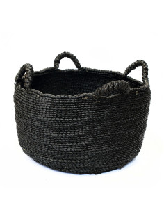 Grand Panier de rangement ethnique chic 4 poignées Rond 60 cm Jonc de mer Noir Tressé The Quatre Mains 