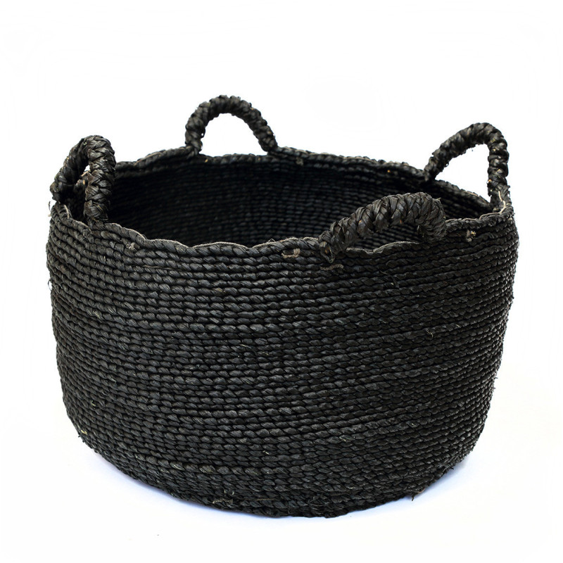 Grand Panier de rangement ethnique chic 4 poignées Rond 60 cm Jonc de mer Noir Tressé The Quatre Mains 