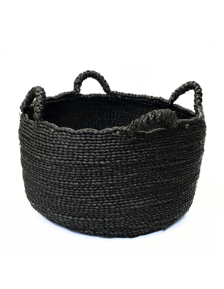 Grand Panier de rangement ethnique chic 4 poignées Rond 60 cm Jonc de mer Noir Tressé The Quatre Mains 