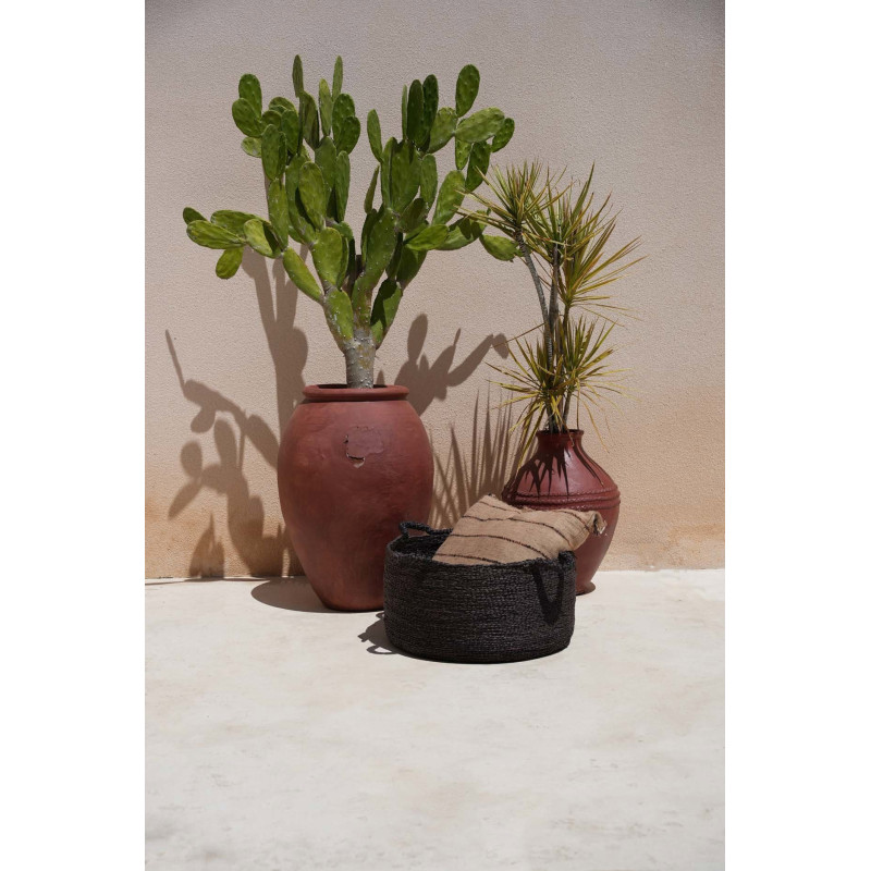 Grand Panier de rangement ethnique chic 4 poignées Rond 60 cm Jonc de mer Noir Tressé The Quatre Mains 