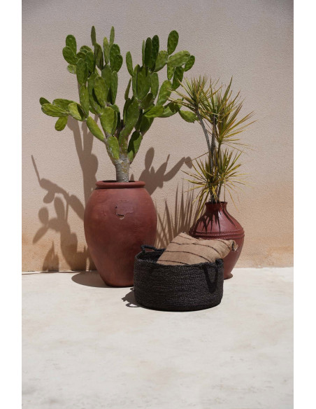 Grand Panier de rangement ethnique chic 4 poignées Rond 60 cm Jonc de mer Noir Tressé The Quatre Mains 