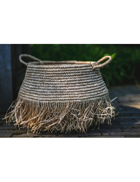 Panier de rangement bohème 2 poignées Rond 45 cm Raphia Naturel Tressé The Raffia 