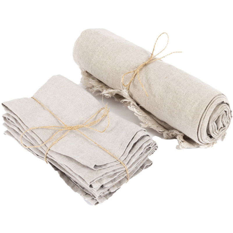 Nappe originale Bohème chic Rectangulaire 150x250 en Lin Beige Avec franges The Linen 