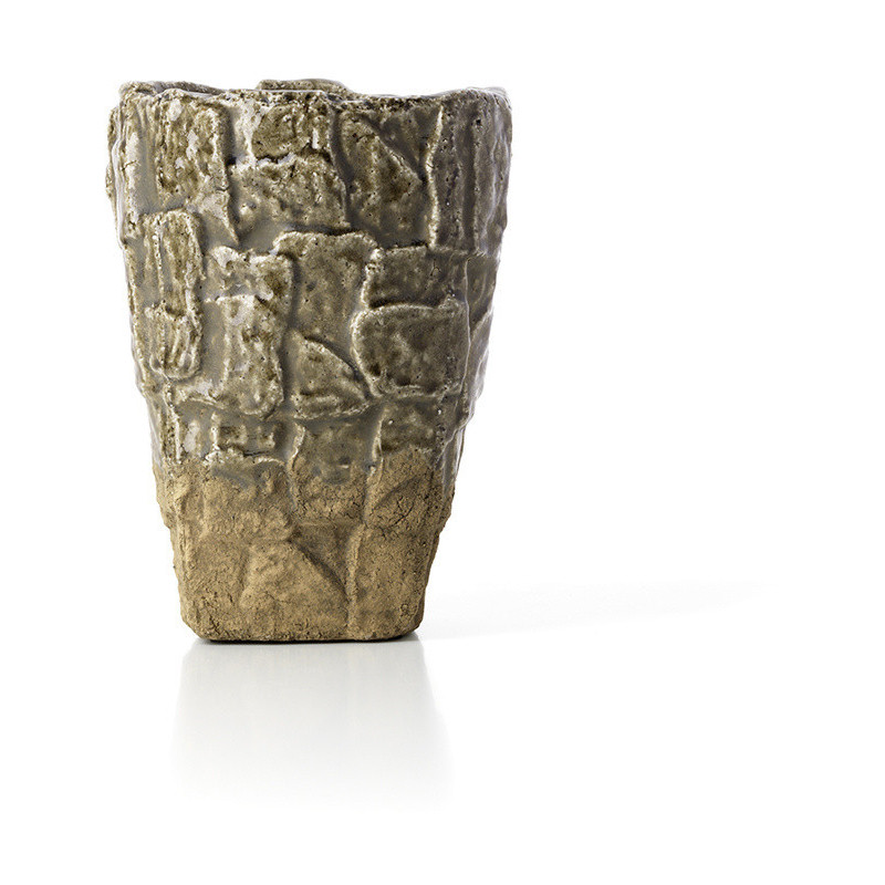 Vase moderne organique texturé Conique H 24 cm Grès Vert Beige pierre The Rock 