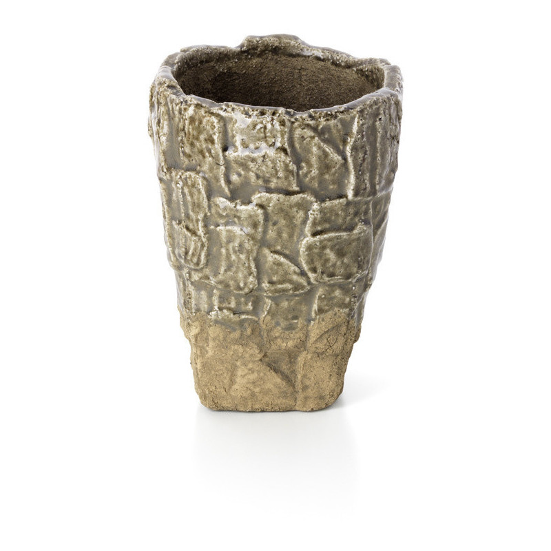 Vase moderne organique texturé Conique H 24 cm Grès Vert Beige pierre The Rock 