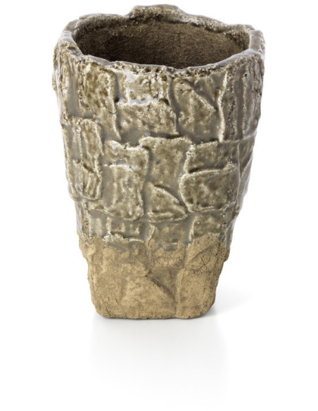 Vase moderne organique texturé Conique H 24 cm Grès Vert Beige pierre The Rock 