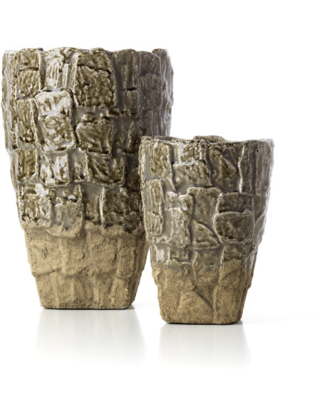 Vase moderne organique texturé Conique H 24 cm Grès Vert Beige pierre The Rock 