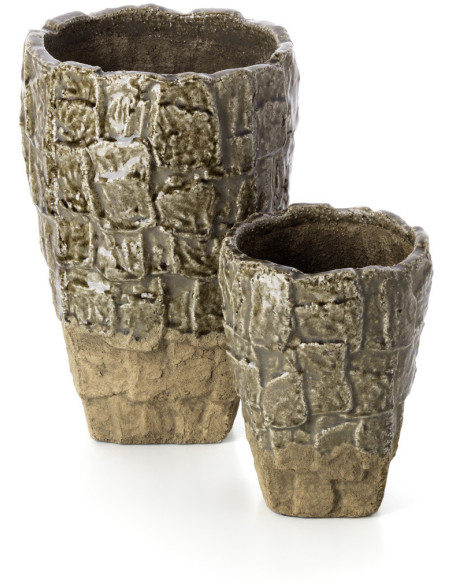 Vase moderne organique texturé Conique H 24 cm Grès Vert Beige pierre The Rock 