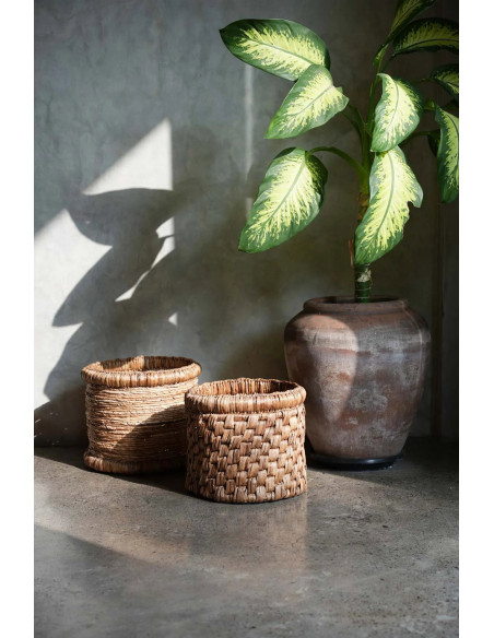 Panier de rangement bohème Rond 38 cm Jacinthe d'eau Feuille de bananier Naturel Tressé The Chuka 