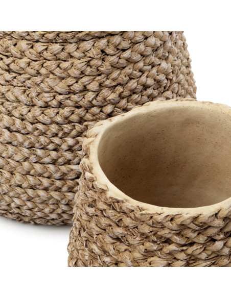 Grand Cache-pot bohème chic Rond D 26 cm Ciment Naturel Effet fibre tressée The Fake Braided 