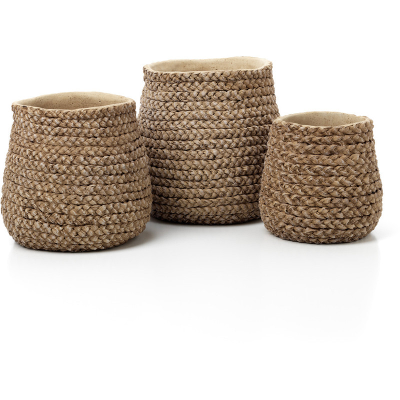 Grand Cache-pot bohème chic Rond D 26 cm Ciment Naturel Effet fibre tressée The Fake Braided 