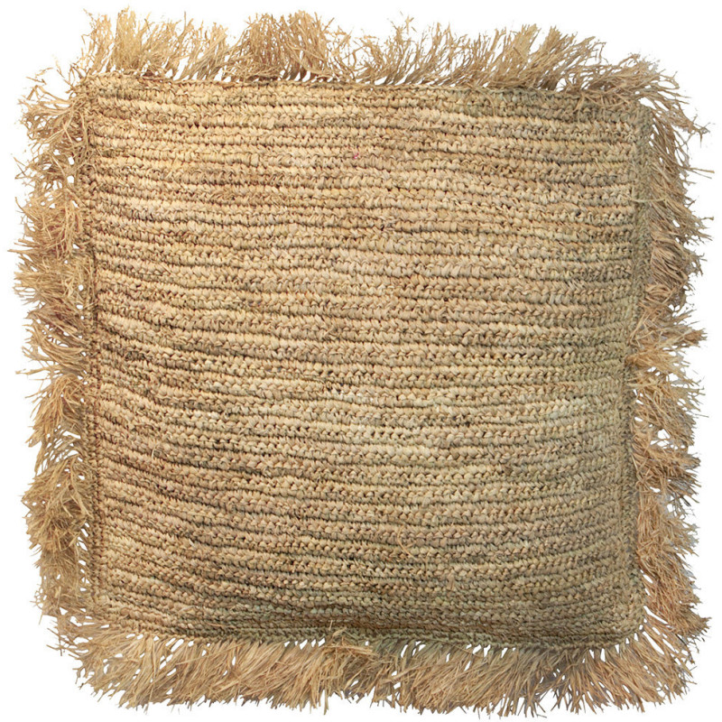 Housse de coussin XL Carrée 60x60 en Raphia Naturel avec franges The Raffia Square 